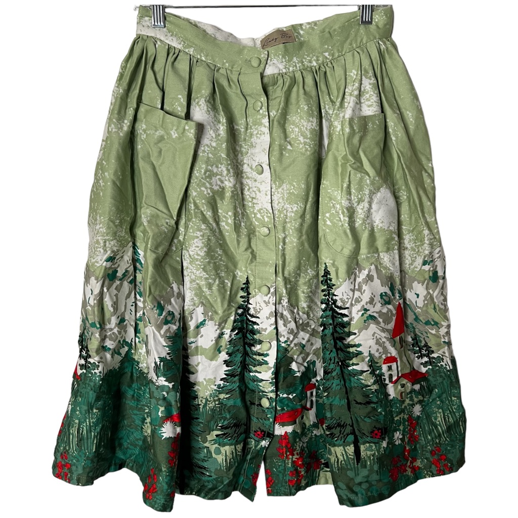 Lindy Bop Adalene Alpine Print Winter Scene Flared Skirt Size Us 8 Retro Cotton.